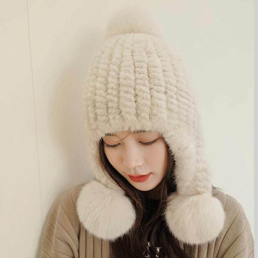 Mink Fur Hat For Women High Quality Natural Mink Fur Hats With Luxury Big Pompom Fox all Beanies Winter Women Cap Lady