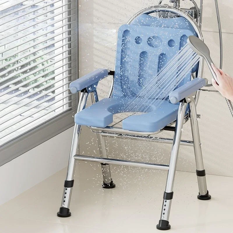 Foldable Commode Chair for Elderly Portable Toilet Chair with Armrests Bathroom Shower Chair For Seniors Adjustable Height