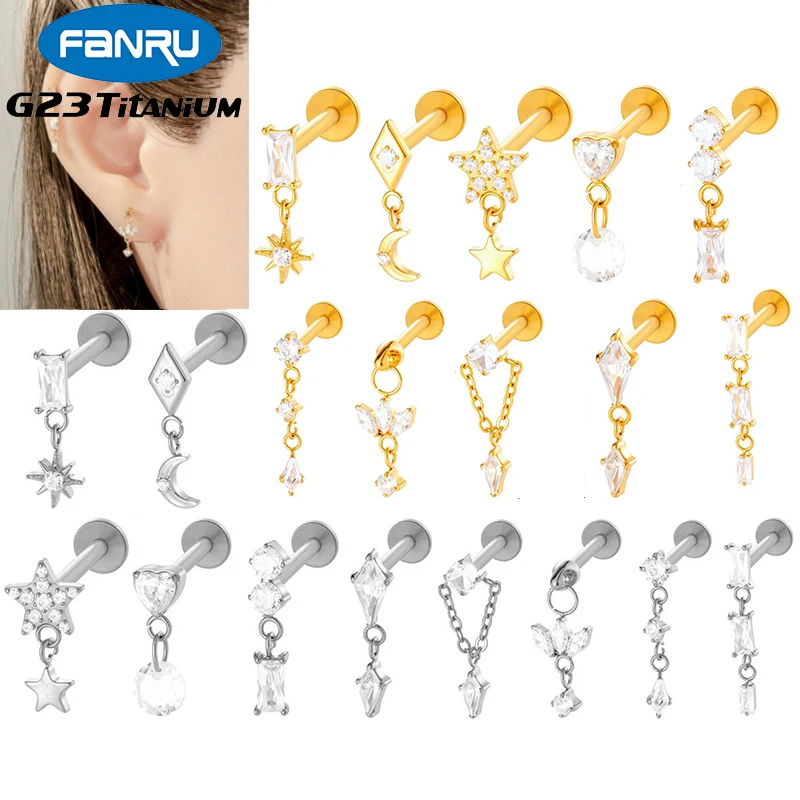 

1PC G23 Titanium Ear Stud Internal Thread Lip Stud Cubic Zircon Horse's Eye Pendant Chain Tragus Cartilage Goth Piercing Jewelry
