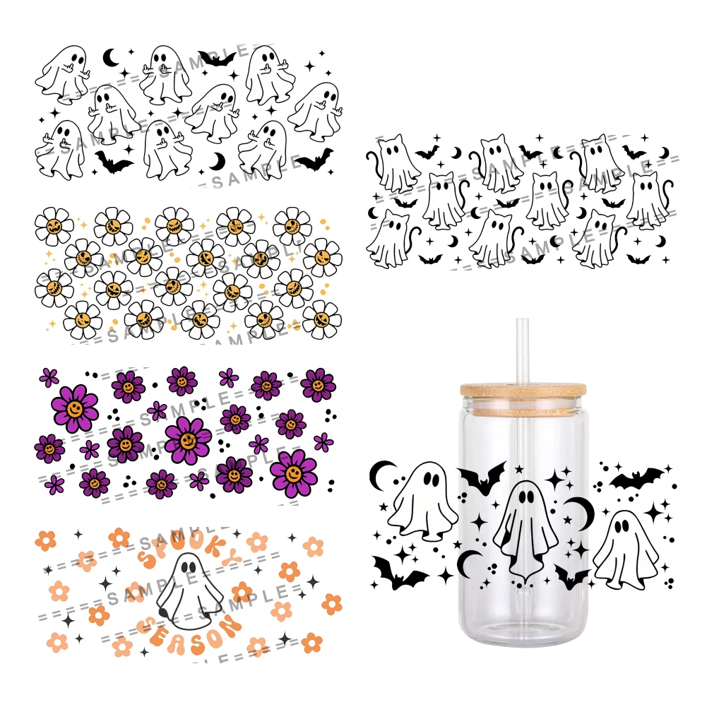 Skull Sunflower Halloween Party Decor UV DTF Transfer Sticker Waterproof Transfers Decals For 16oz Glass Cup Wrap Stickers