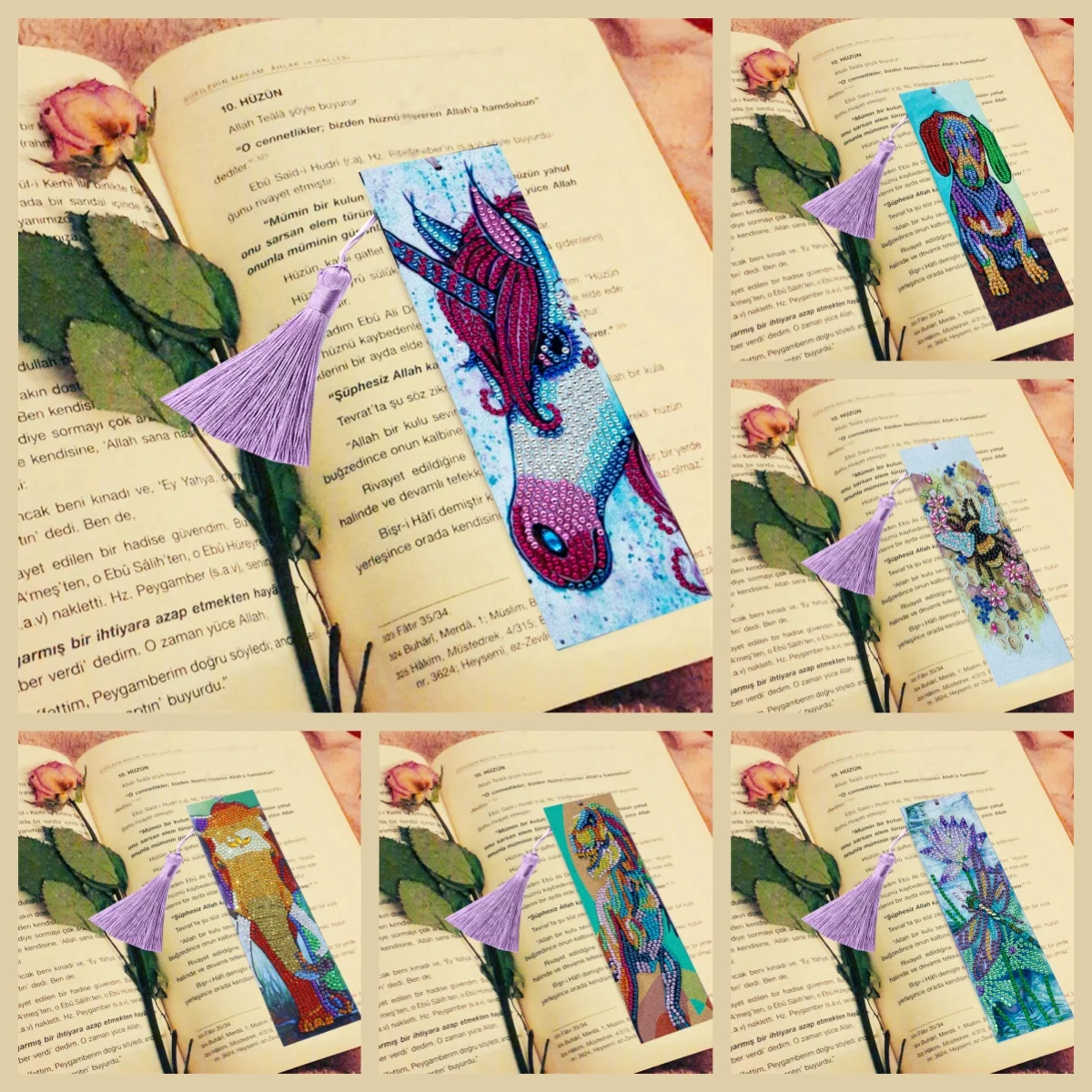 1 DIY animal pattern diamond art painting set, PU leather tassel pendant bookmark, suitable for study and book supplies
