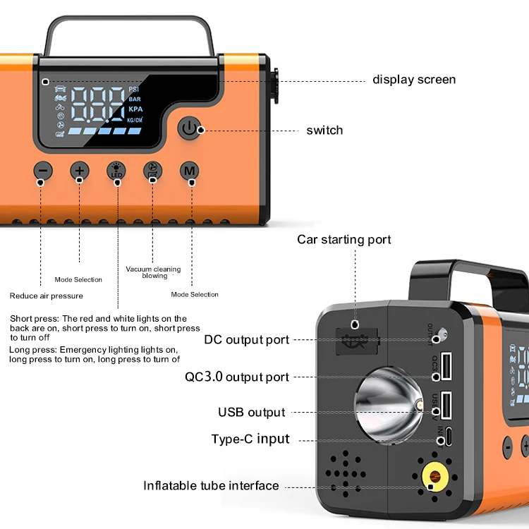 Arrancador de batería portátil para automóvil: central eléctrica de emergencia 5 en 1 con bomba de aire/aspiradora/flor (arranque de salto y inflado de neumáticos)