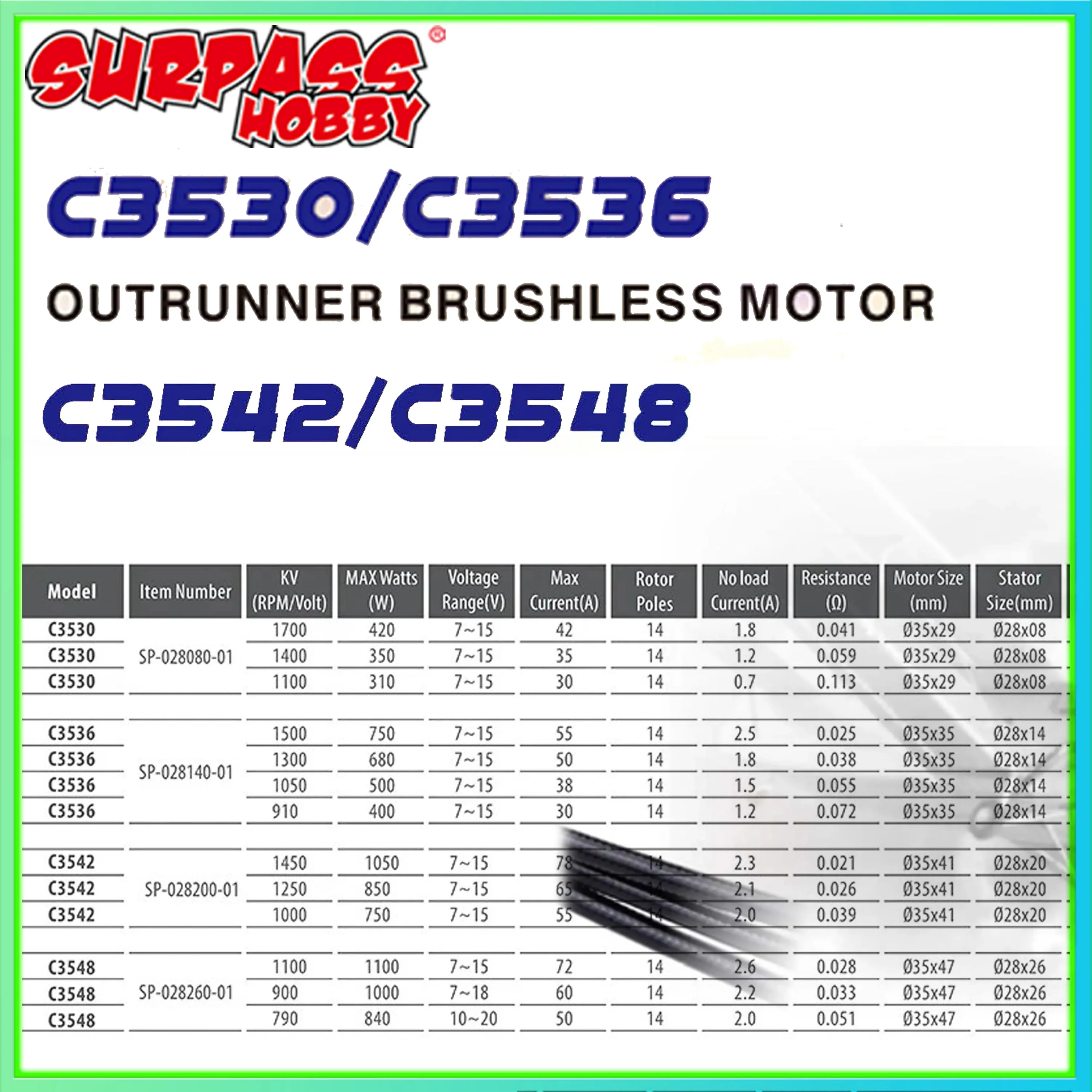 

Бесколлекторный мотор Surpass Hobby C35 Series 3530 3536 3542 3548 Outrunner для радиоуправляемых самолетов, FPV дронов, квадрокоптеров и авиамоделей
