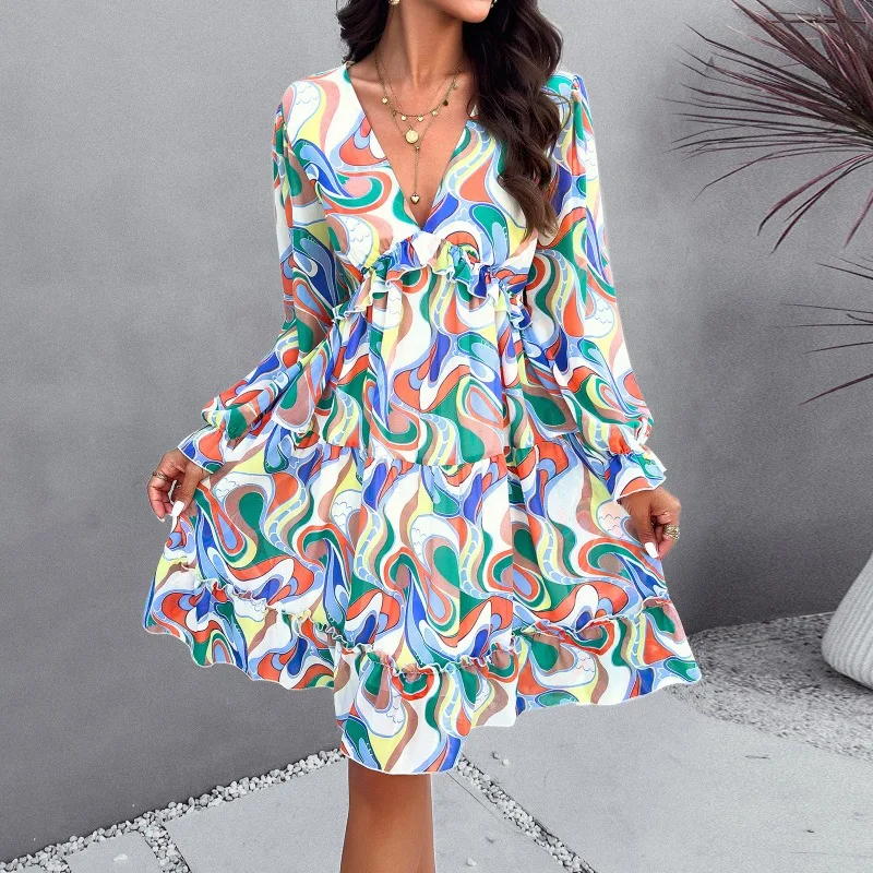 

Commuting Style Women's Elegant Printed V-neck Long Sleeve Dress Temperament Summer Basic Women Fashion Chiffon A-line Dresses