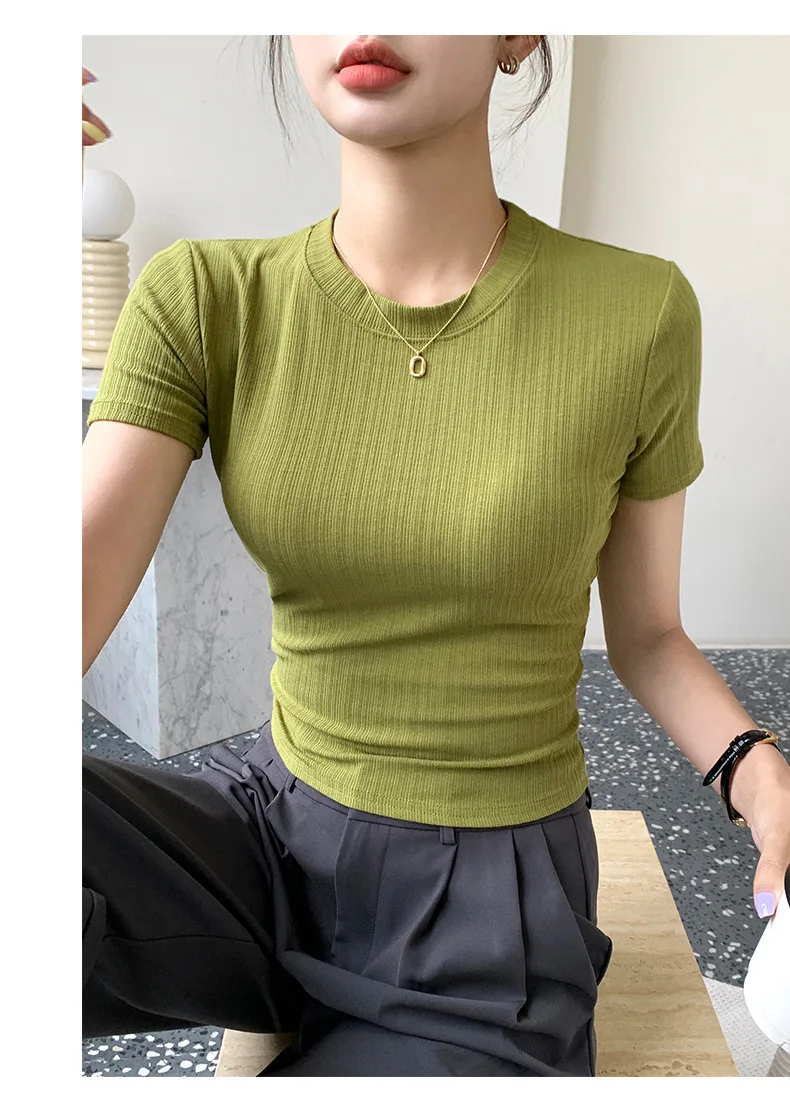 Sommerliches neues Damen-Rundhals-T-Shirt, gestricktes Kurzarm-Oberteil, lässiges Allround-T-Shirt, gestreiftes Basic-Shirt, schmal geschnitten, atmungsaktiv – Detail 16