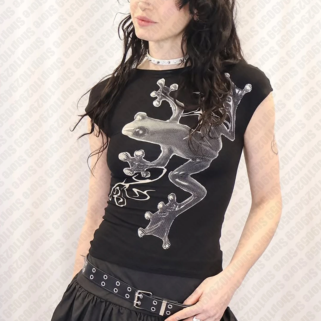 2000s Punk Vintage  Streetwear Gothic Graphic Tees Women Print Casual Short Sleeve T-Shirts Emo Girl  Crop Top Baby Tee Y2k Tops