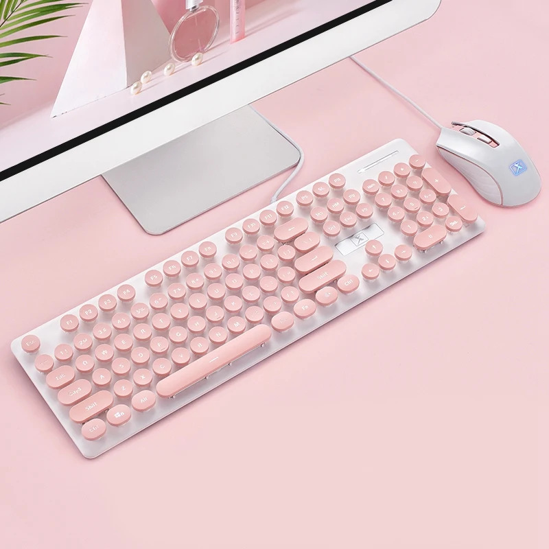 Portable Retro Keyboard Mouse Kit Wired Gaming Keyboard with Round Key Cap Multimedia Button Keyboard Mouse Set,Pink