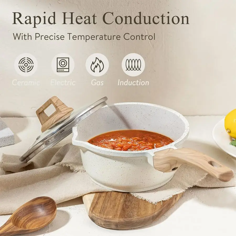 1.5Qt amp 3.0Qt Sauce Pan Sets with Lid Cooking Pots Nonstick Saucepans Cookware Set with Pour Spout Small Kitchen Pot, Inductio