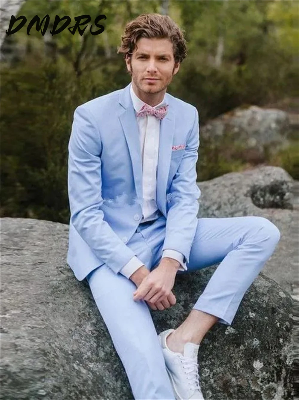 Traje de fiesta azul cielo a la moda, 2 uds., traje Formal con botones sólidos para padrinos de boda, incluye chaqueta, pantalones, traje personalizado