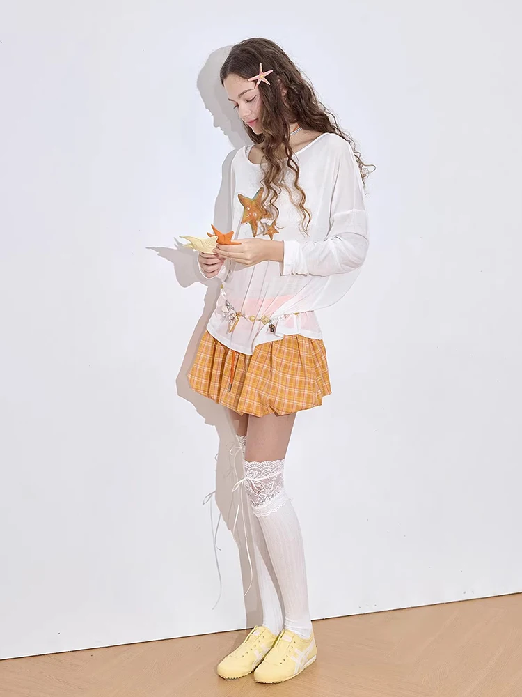 Reddachic feminino xadrez bolha saia férias verão cordão cintura baixa forro shorts inchado plissado mini saia bonito y2k roupas