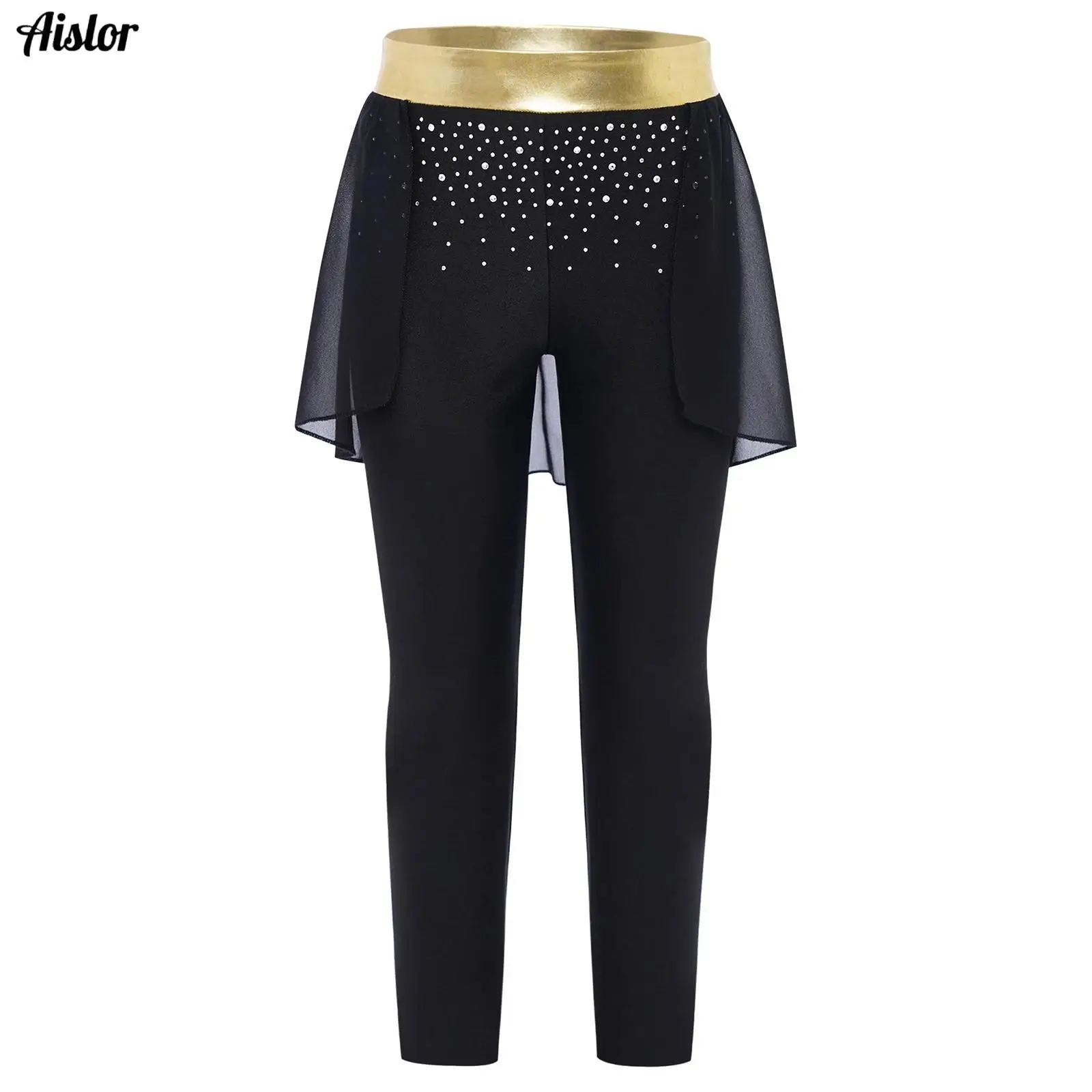

Kids Girls Gymnastics Ballet Dance Pants Metallic Elastic Waistband Slim Pants with Chiffon Panel Skirt Jazz Performance Costume