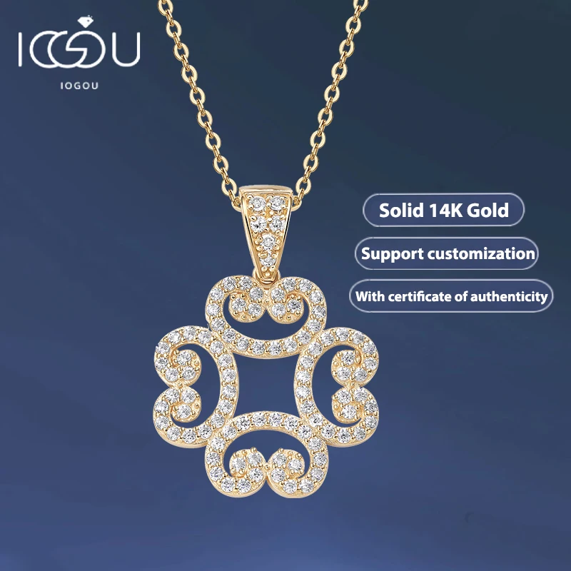 IOGOU Original 14K Solid Gold Zircon Four Leaf Clover Pendant 925 Sterling Silver Chain Necklaces Wedding Fine Jewelry for Women