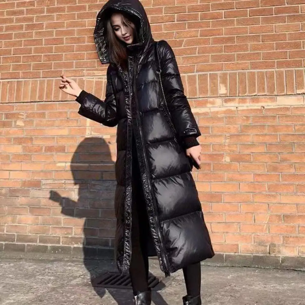 Korean Lady Long Bright Puffer Coat Autumn Winter Female Warm Down Cotton Jacket 2024 Women Black Parka Sown Wear Outwear Jacket