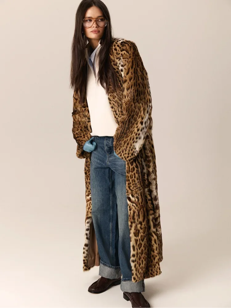Womens Leopard Print Long Faux Fur Coat Warm Fluffy Open Front Pockets Cozy Jacket Fall Winter Party Daily Streetwear Outerwear