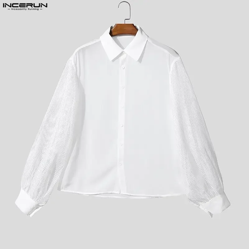 INCERUN Men Shirt Mesh Striped Patchwork Lapel Long Sleeve Men Clothing Loose See Through Streetwear 2026 Casual Fashion Tops