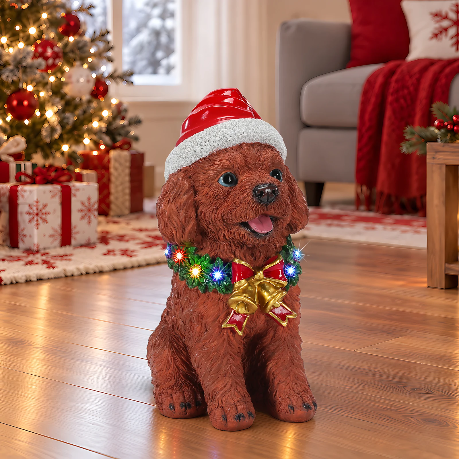 Lighted Christmas Teddy Poodle Dog Statue, Santa Hat Puppy Figurine with Wreath and Bow, Colorful Light-Up Accent, Detailed Puppy Sculpture, Versatile Holiday Decor for Living Room, Entryway, Fireplace, Christmas Tree, Gift for Dog Lovers