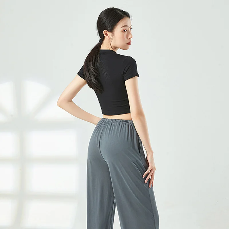 Women Middle Collar Cotton Yoga Shirt Breathable Classical Dance Pilates Short Sleeve Classical Training Dance Adult T-Shirt