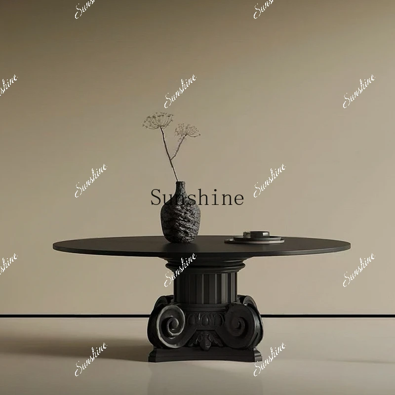 Modern simple oak Roman column coffee table Nordic retro rock slab round tea table glass  FT