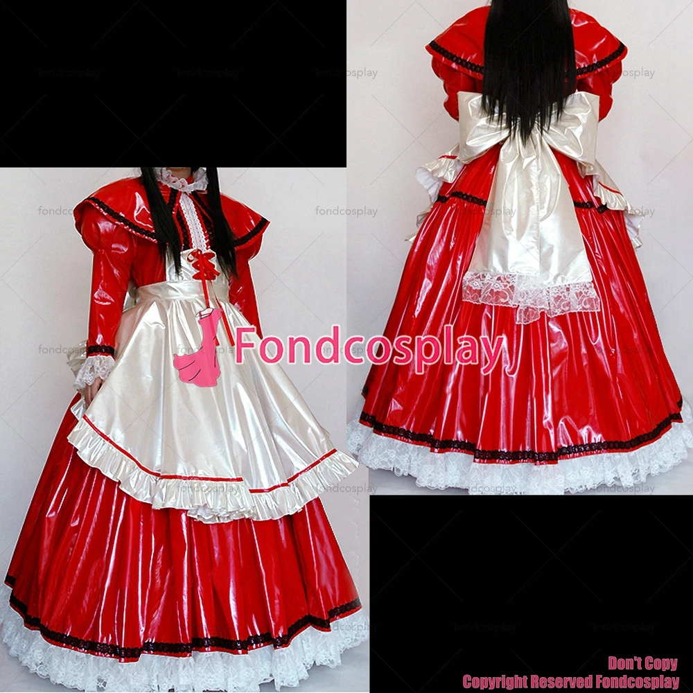 

fondcosplay adult sexy cross dressing sissy maid long Sexy Red thin Pvc Lockable Dress Uniform Costume CD/TV[CK948]