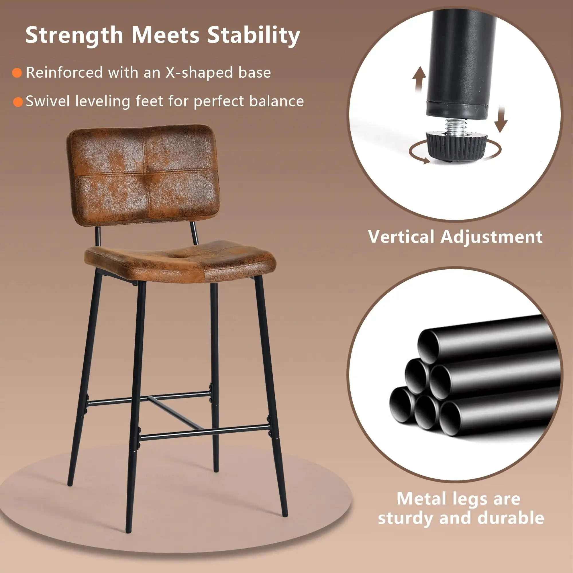 Counter Height Bar Stools Set of 2, 26" Modern Mid Century Upholstered BarStools Chair Backrest Footrest for Home Kitchen Island