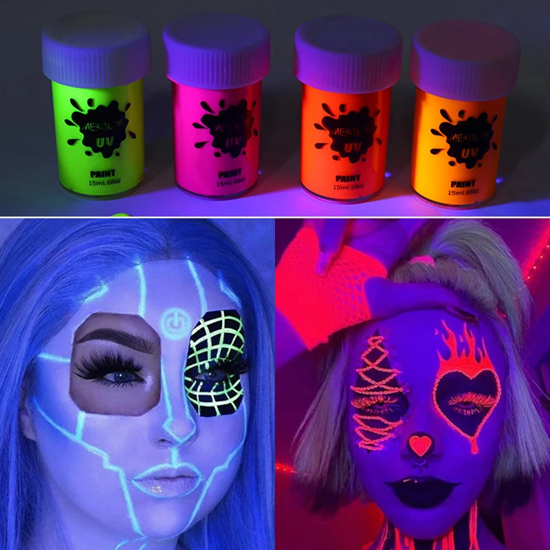 8 Colors Fluorescent Face Paint for UV Light,Bright Neon Glow Party Makeup, Water Based Face Body Painting for Halloween&Festiv