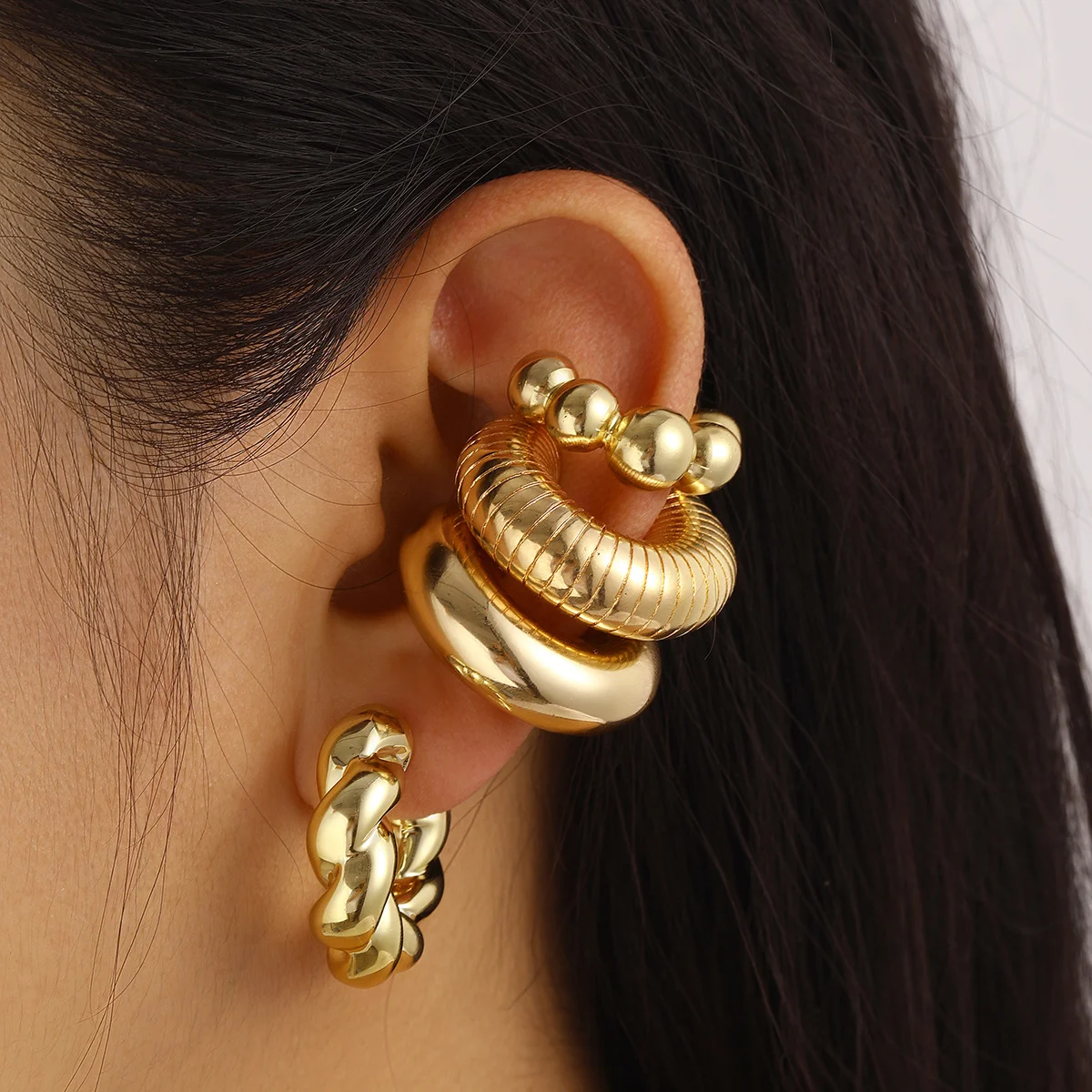 여성용 과장된 원형 C자형 대형 이어 클립, 심플한 청키 골드 도금, 두꺼운 귀걸이 세트, 패션 주얼리 선물, 신상, 4 개