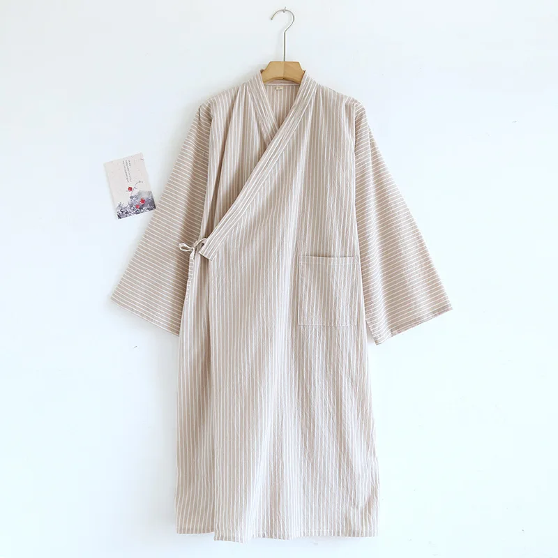 Japanese Style Striped Kimono Robe Soft Cotton Loungewear Loose Long Nightgown Casual Home Wear Bathrobe for Men Women