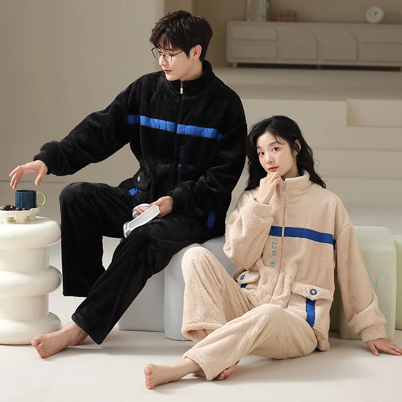 

Newest Couple Pajama Set Thick Warm Men And Women Flannel Sleepwear Casual Homewear Cardigan Home Clothes