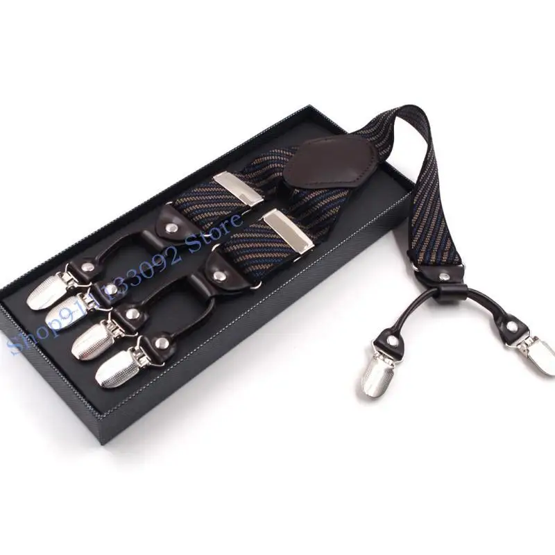 

H9ED Men Stripe Y-Shape Suspender With Non-Slip 6 Clips Elastic Adjustable Pant Brace