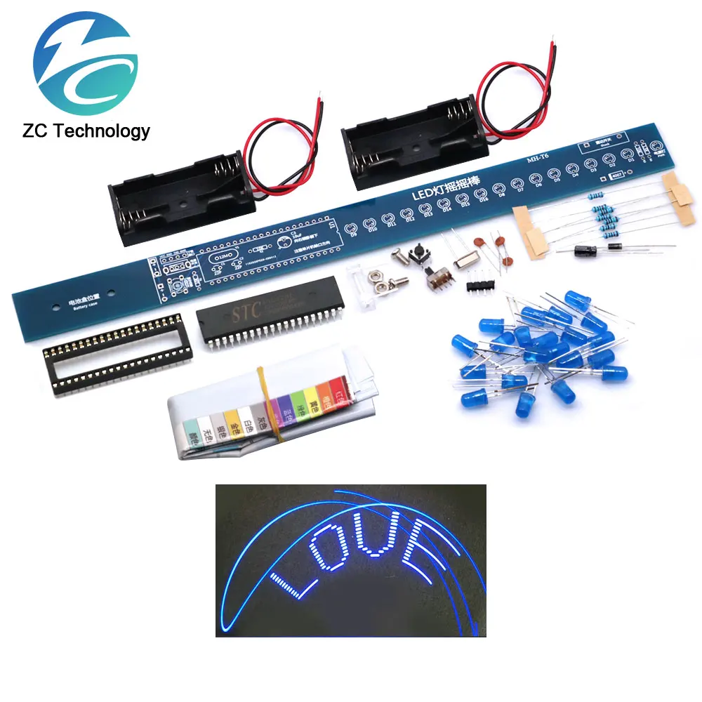 16 Bits POV LED Stick Light Rocker Diy Kit Shaking STC89C52 51 Microcontroller Electronic Solder Kits Blue/Red Display