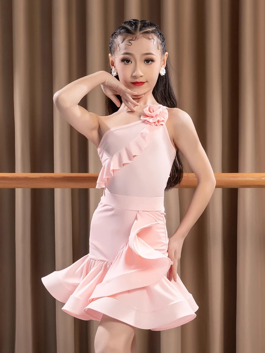 

Детская одежда для латинских танцев, сетчатое платье с рюшами для девочек, комплект одежды для танцевальной практики ча-ча, румбы, самбы, платья для выступлений