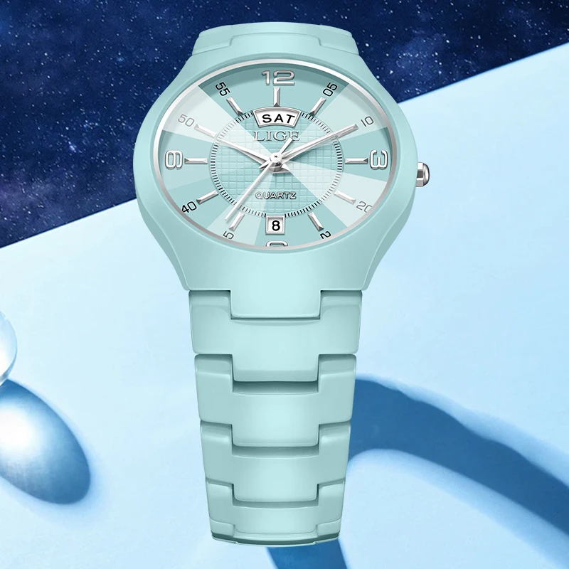 LIGE Elegant Original Woman Watch Fashion Luxury Date Week Ladies Ceramic Strap Clocks Simple Waterproof Quartz Women Wristwatch