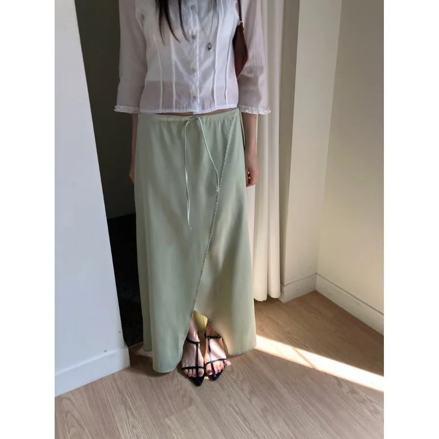 Elegant High-Waisted Silk-Satin Split-Tailored Midi Skirt for Women Simple Summer Style Commute-Friendly Other Material Blend