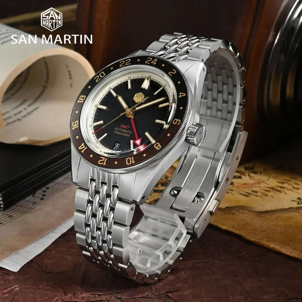 Saint Martin Original 39.5mm NH34 GMT Men Automatic Watch Bidirectional Aluminum Bezel Luxury Mechanical Watch 10Bar Luminous