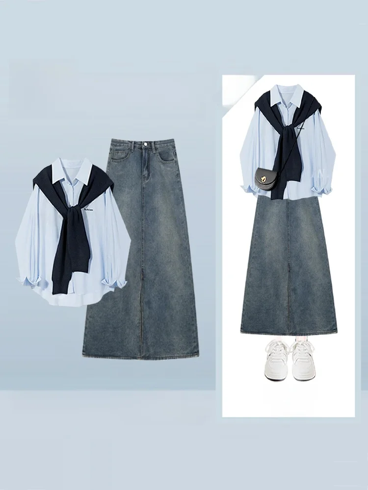 

plus Size Women's Korean Style Long Sleeve Shirt And Black Shawl Denim Skirt Set High Waist Midi Skirt Knot Top