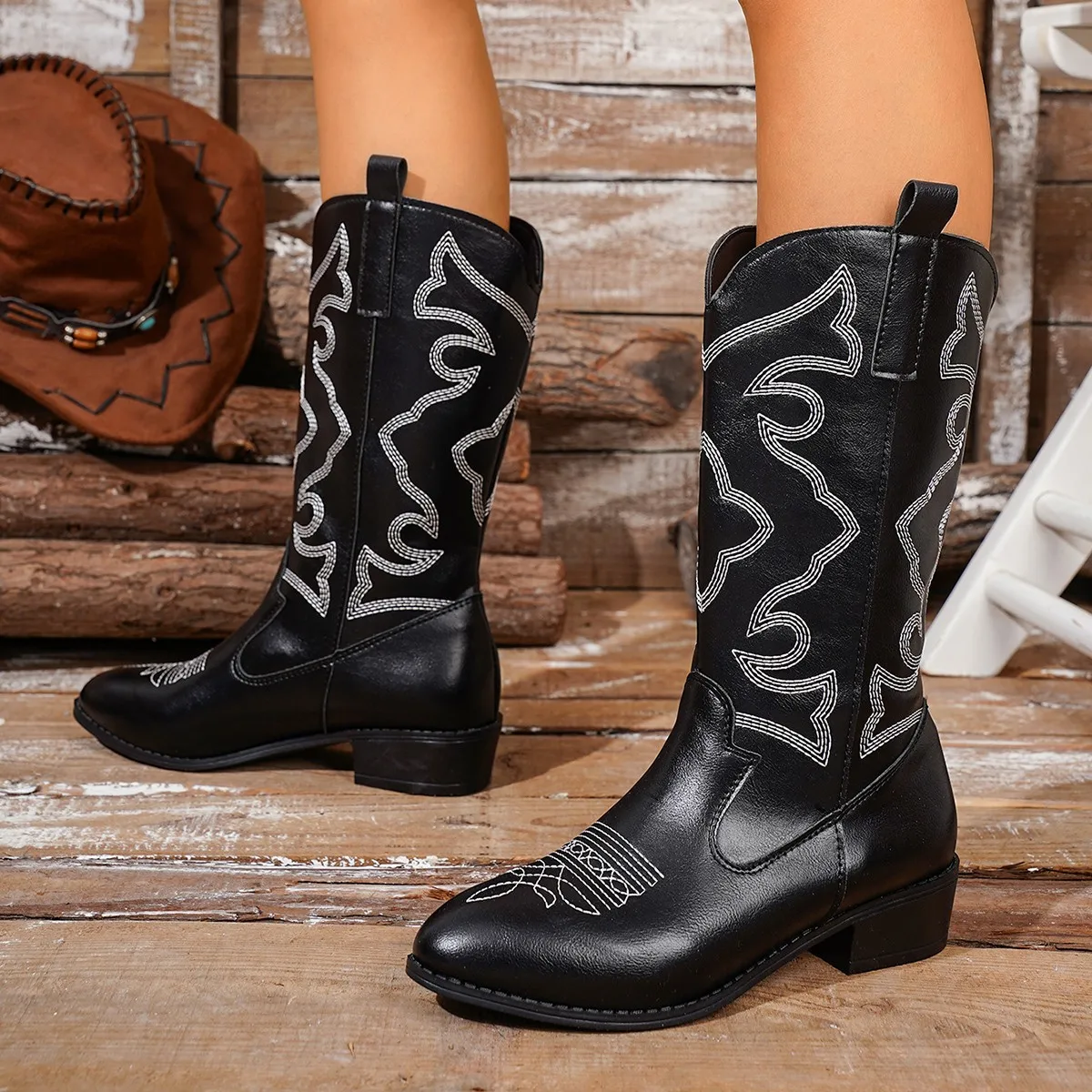 Damenstiefel, klassische Western-Cowboystiefel mit Stickerei, modische Stiefel bis zum Knie, Damen-Freizeitstiefel aus Leder, Botas Feminina – Detail 6