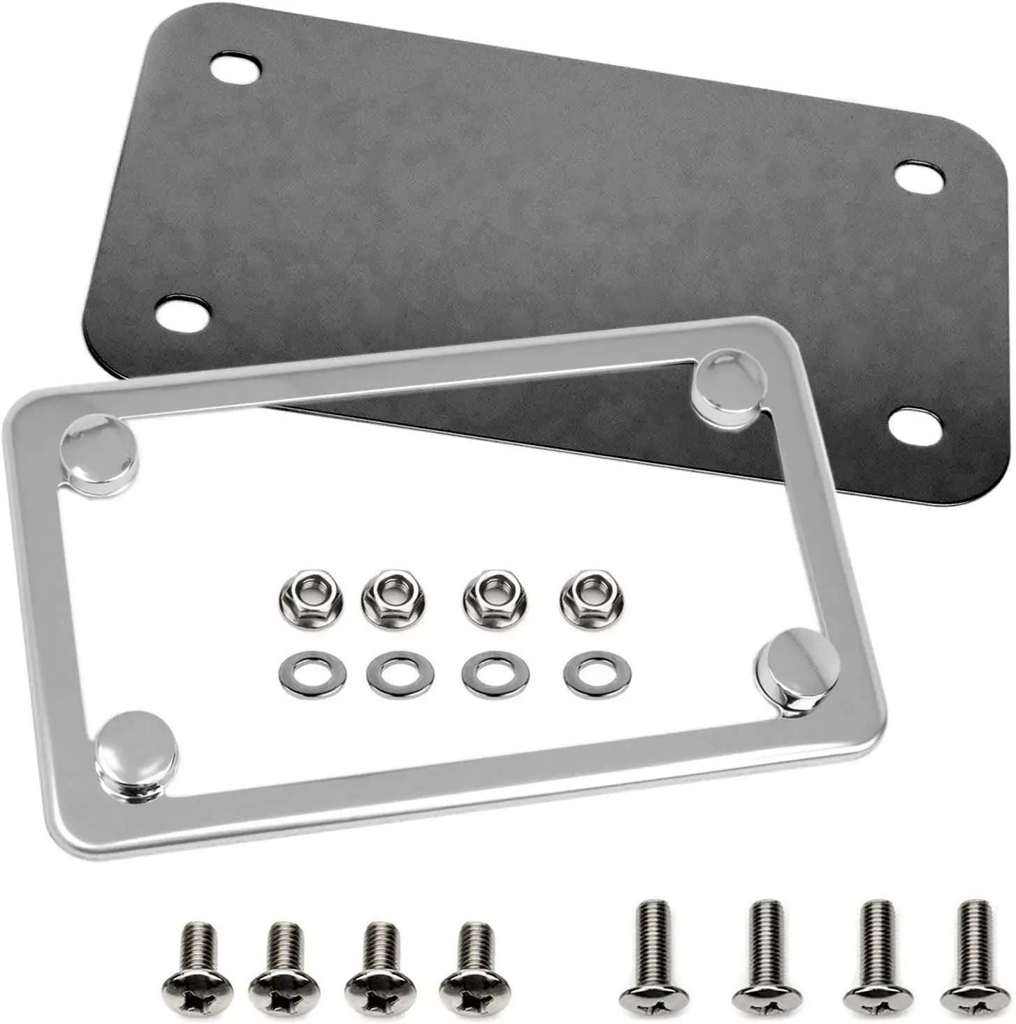 

Stainless Steel Motorcycle License Plate Frame with Black Backing Plate and Chrome Screw Caps