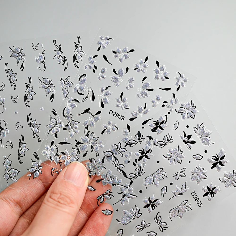 1 Sheet Sparkly Glitter Flower 3D Nail Art Sticker Decals Flowers Pattern Self Adhesive Nail Sliders For Manicure DIY Chic Decor