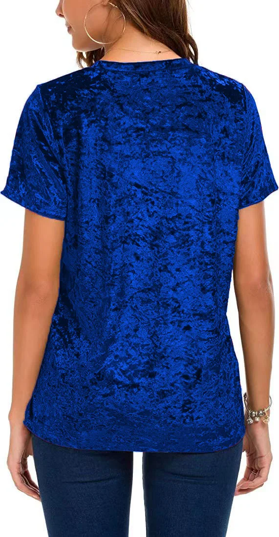Damen-T-Shirt aus Crushed-Samt in Übergröße, kurzärmelig, Rundhalsausschnitt, lässiges, lockeres Oberteil – Detail 6