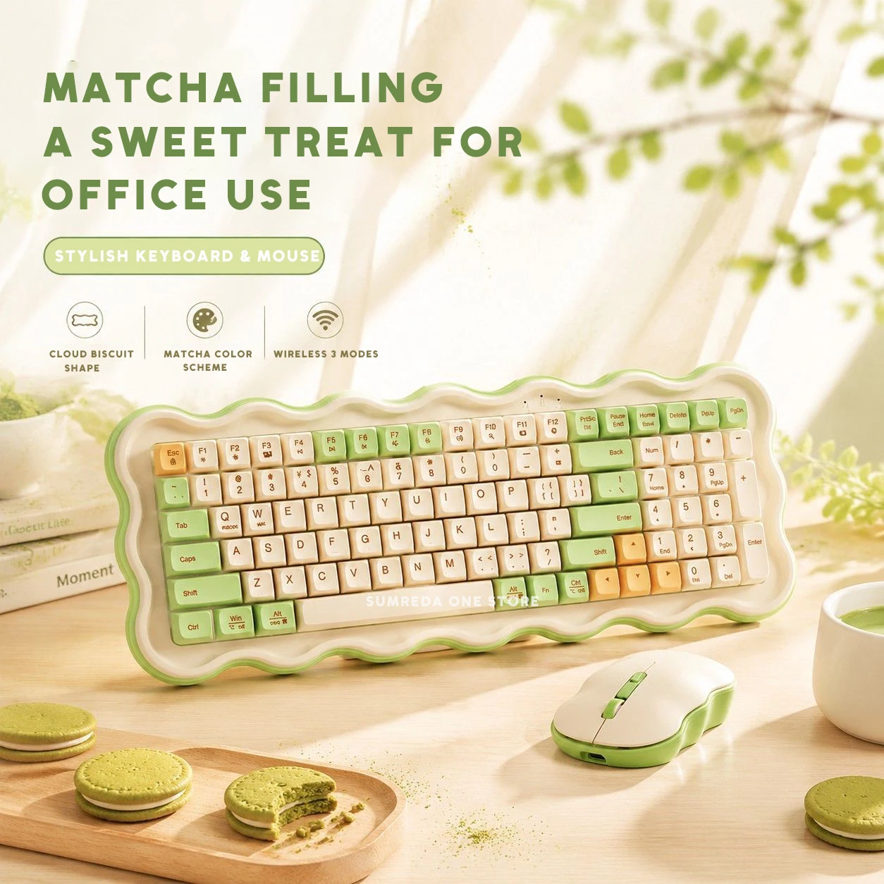 SUMREDA S100 Wireless Cute Cloud Biscuit Silent Keyboard Mouse Set 104Keys Bluetooth RGB Office Game Keyboard For PC Desktop