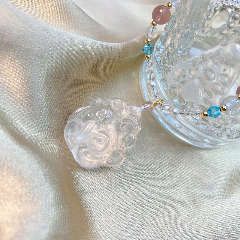 Natural Clear Quartz Feng Jiu Pendant Necklace for Women, Hand-Carved Phoenix Fox Fairy Light Luxury Chinese Mythology Jewelry