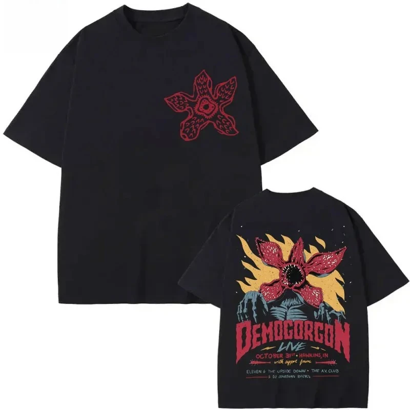 Men Modal T-Shirt Demogorgon Creature Front Back Print Short Sleeve Tee Vintage Hawkins TV Show Casual Summer Street Top