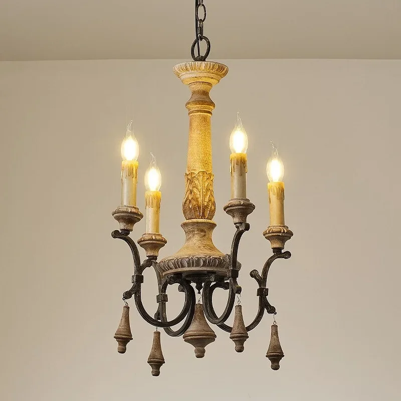 French retro chandelier, bedroom dining room light, American medieval solid wood carving homestay candle light