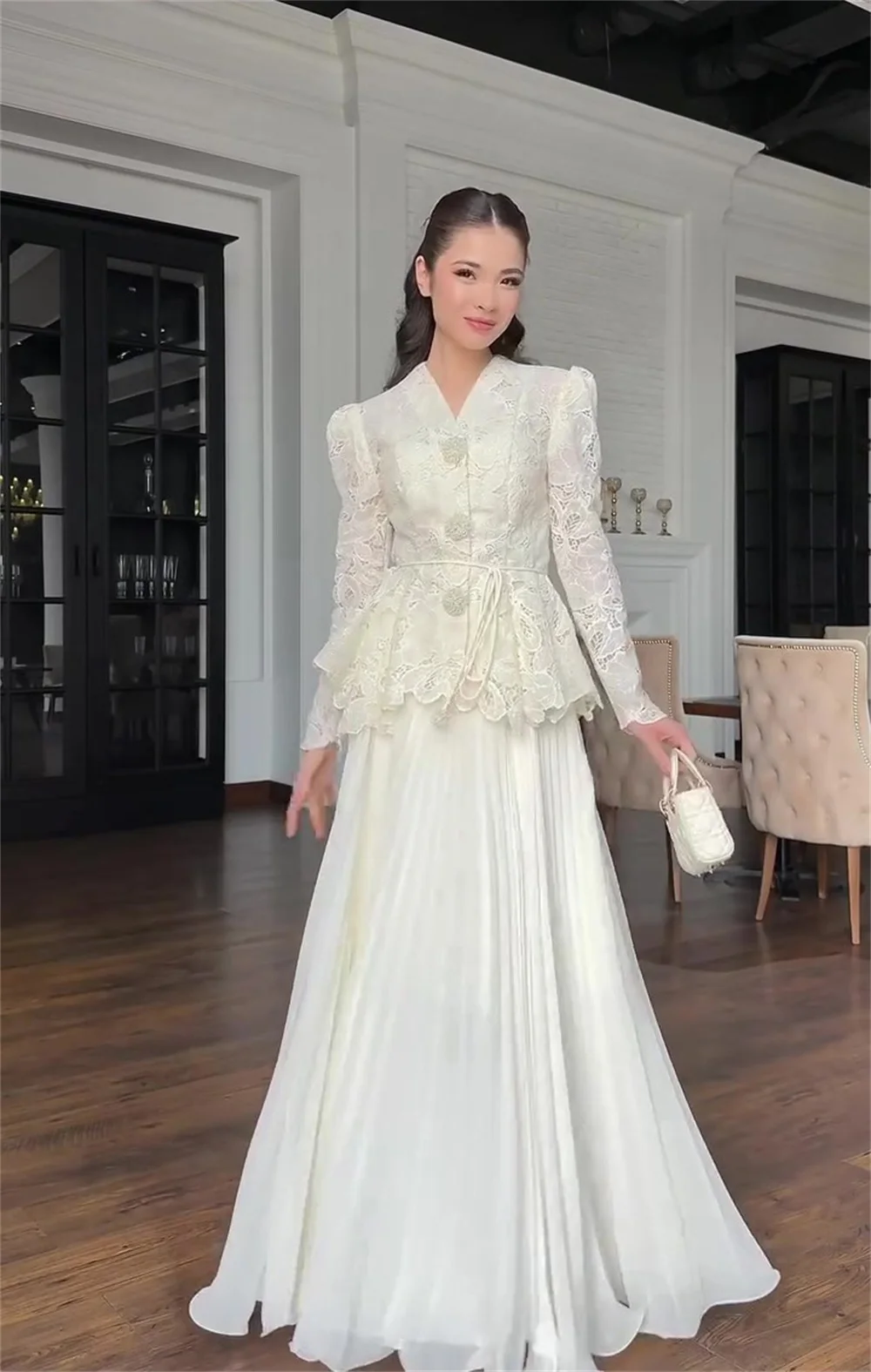 

EINY Elegant High Waist Ruffles Banquet Dress Two Pieces Women's Gorgeous Party Dresses White Lace Embroidery Slim Evening Skirt
