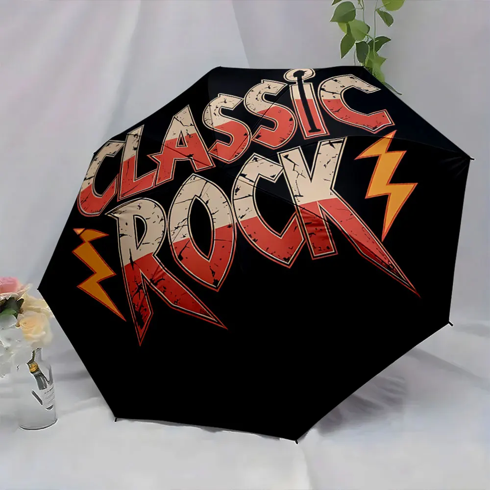 Classic Rock Print with Lightning Bolts Black Design portable waterproof sun rain umbrella for outdoor travel beach