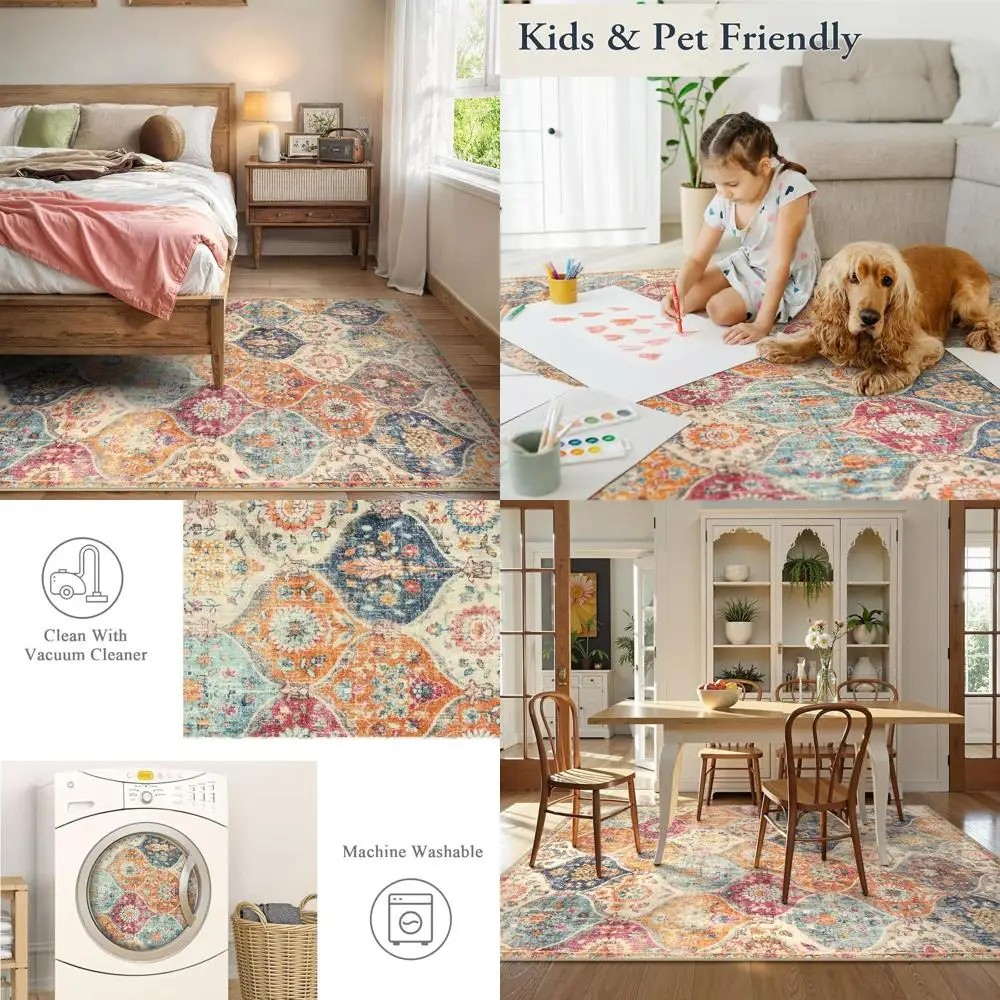 

5x7 Moroccan Trellis Rugs - Washable, Non-Slip, Multicolored for Living Spaces, Bedrooms, Kitchens, and More