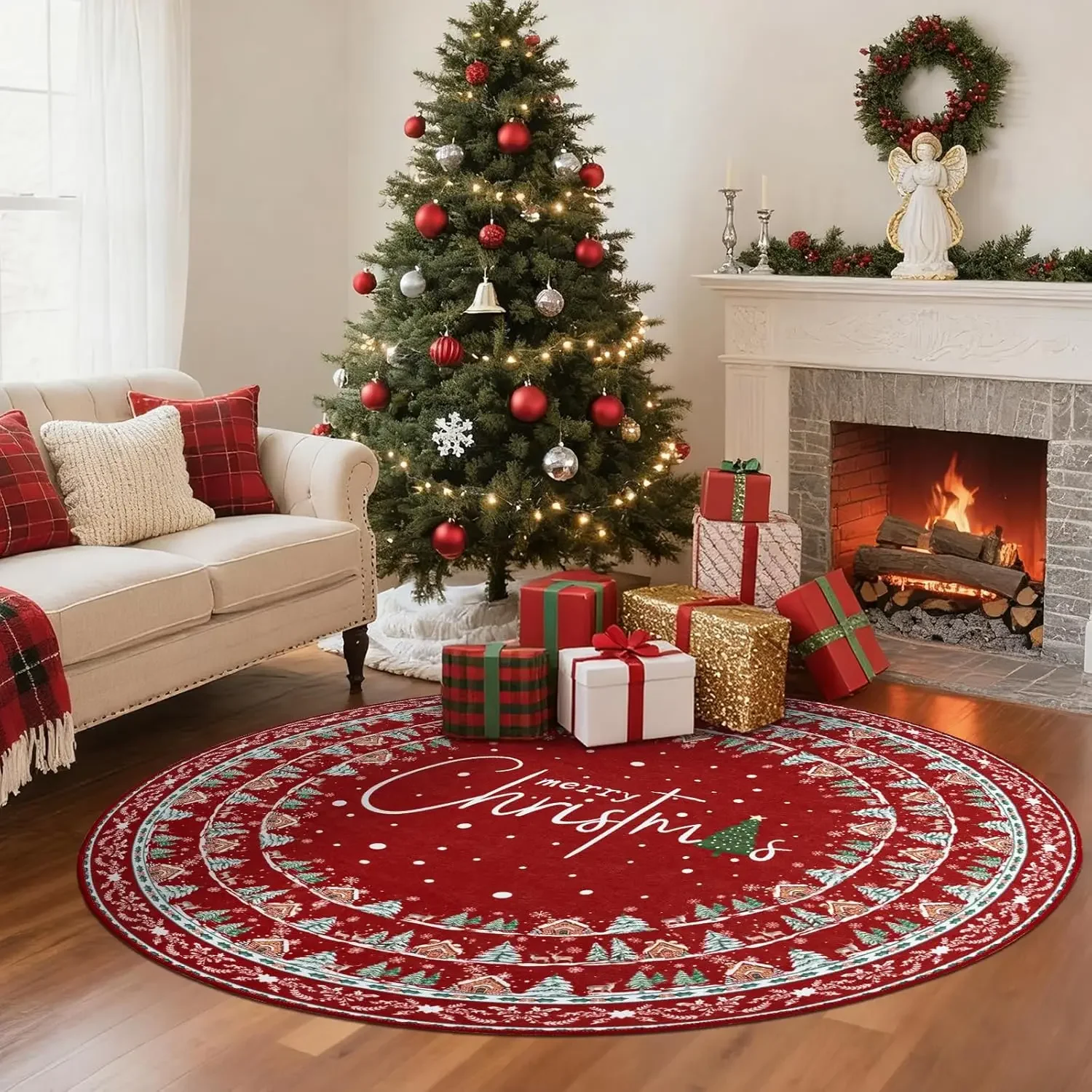 

Machine Washable Christmas Area Rug Non Slip Indoor Circle Carpet Soft Low Pile Xmas Holiday Rug for Living Room Bedroom Nursery