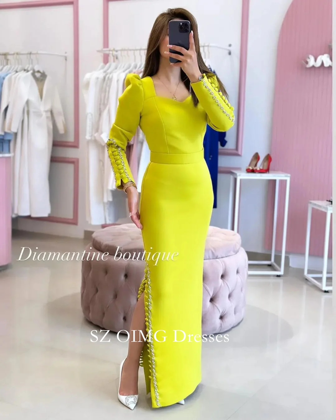 OIMG Fitted Bodice Crepe Satin Side Slit Dress Fashion V-Neck Rhinestones Mermaid Wedding Party Gowns For Women 2024 Customized