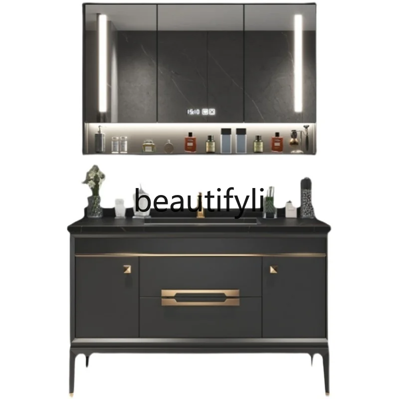 

Light luxury rock slab integrated basin bathroom cabinet combination solid wood washbasin toilet hand washbasin