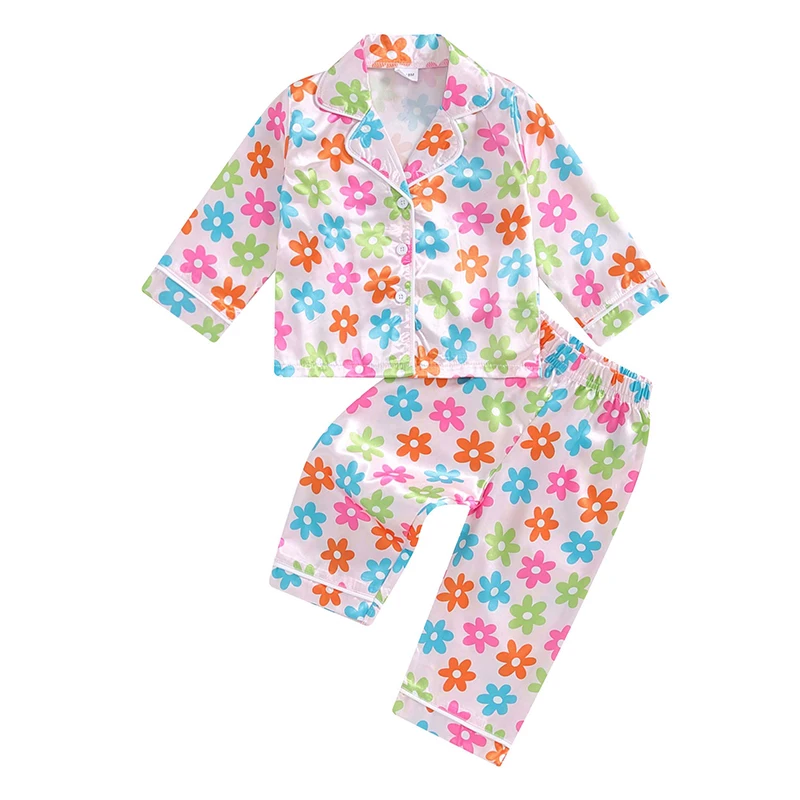 

Kids Girls Pajamas Set Floral Chicken Strawberry Print Button Long Sleeves Shirt and Elastic Pants Loungewear Sleepwear